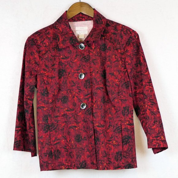 Christopher & Banks Women's SZ M Red and Black Floral Stretch 3/4 Sleeve Jacket - Picture 1 of 4